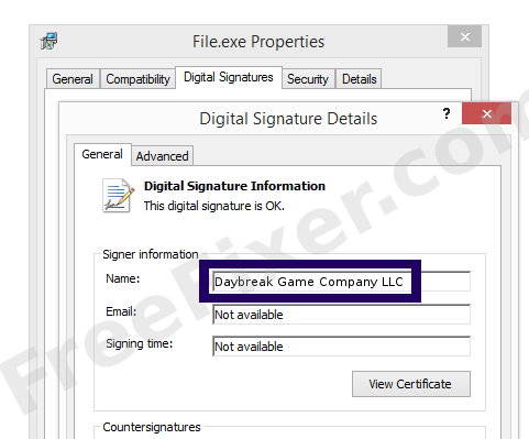 Screenshot of the Daybreak Game Company LLC certificate